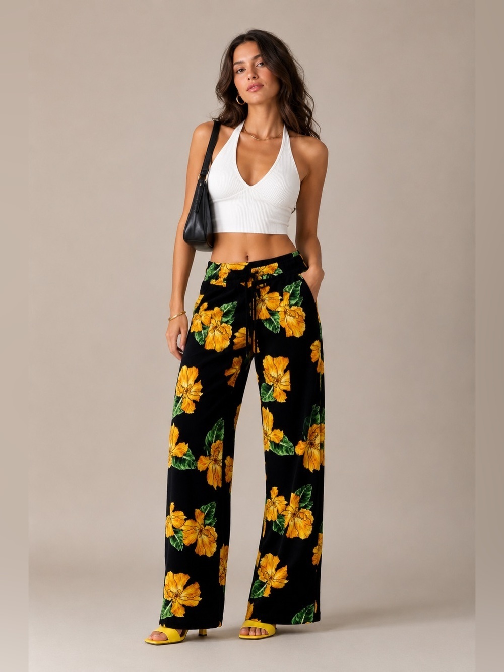 Zara Floral Black and Yellow Palazzo Trousers. Straight Fit size M